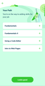 A screenshot from the Grasshopper coding app showing the modules available for people who wish to learn JavaScript in order to build skills for their job. 
