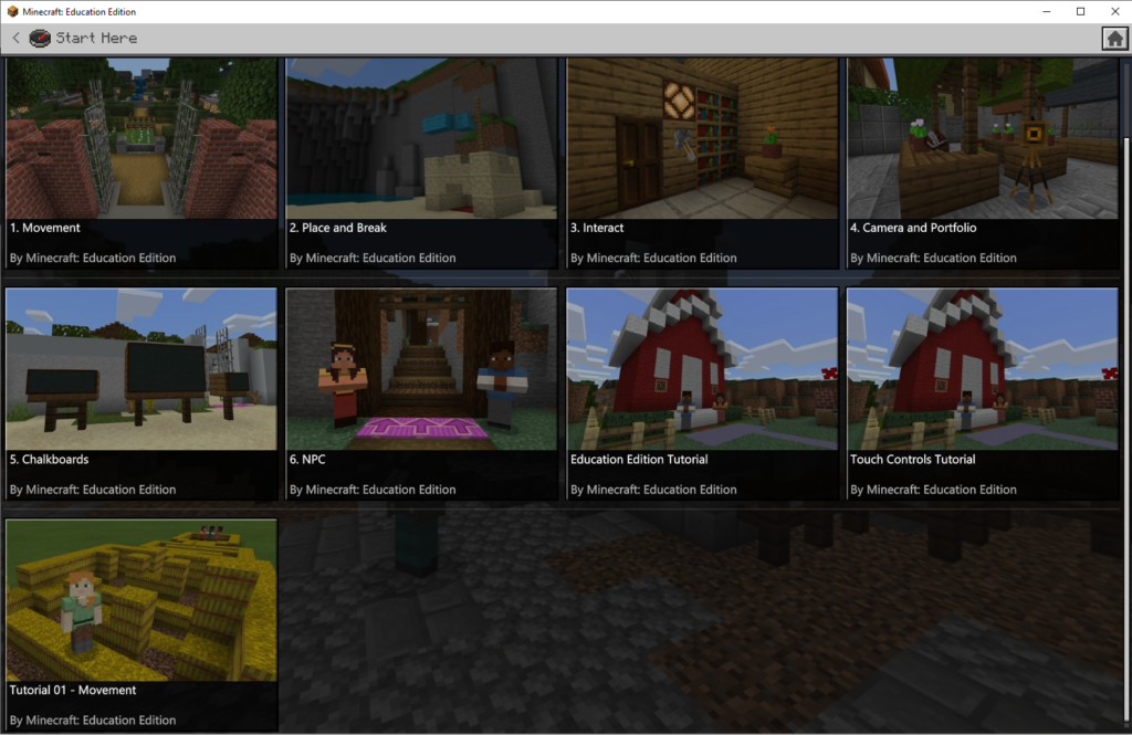 Screenshot of Minecraft: Education Edition showing the nine tutorial modules available.